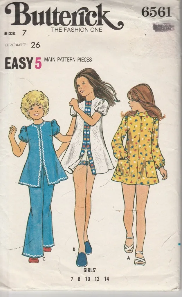 Butterick 6561 Girls Flared A-Line Dress Pants Shorts Vintage Sewing Pattern 1970's