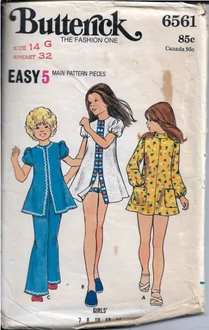 Butterick 6561 Vintage Sewing Pattern Girls A-Line Shortie Dress Shorts Bell Bottom Pants 1970's