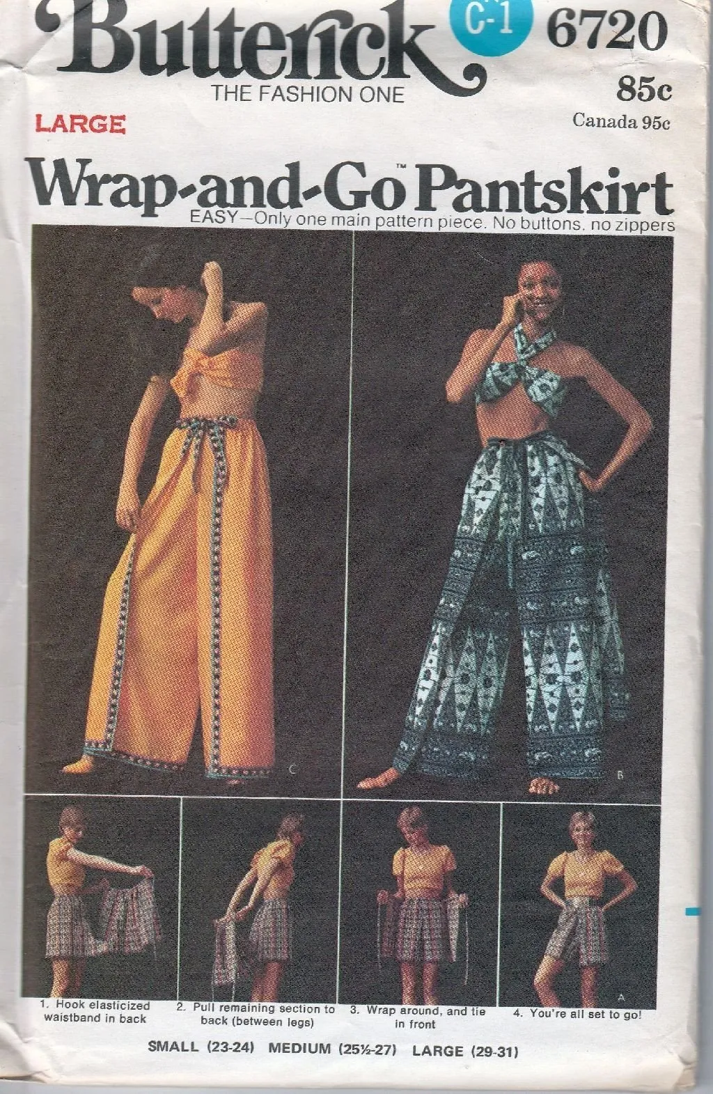 Butterick 6720 Vintage 1970's Sewing Pattern Ladies Wrap Pantskirt Flared Pans Top Scarf