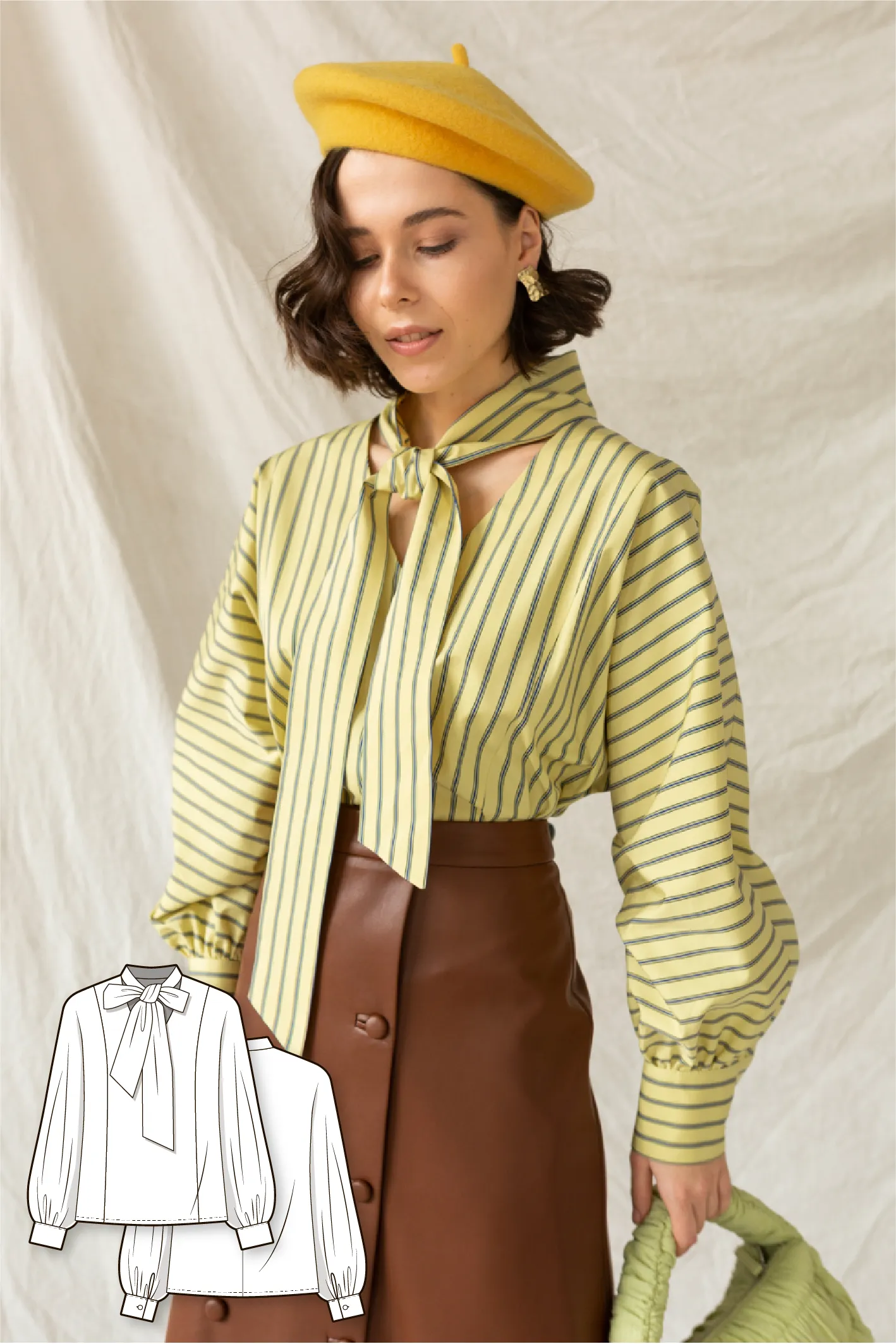 Capsule pattern: puff long sleeve blouse, A-line double breast skirt, drop shoulder sweatshirt