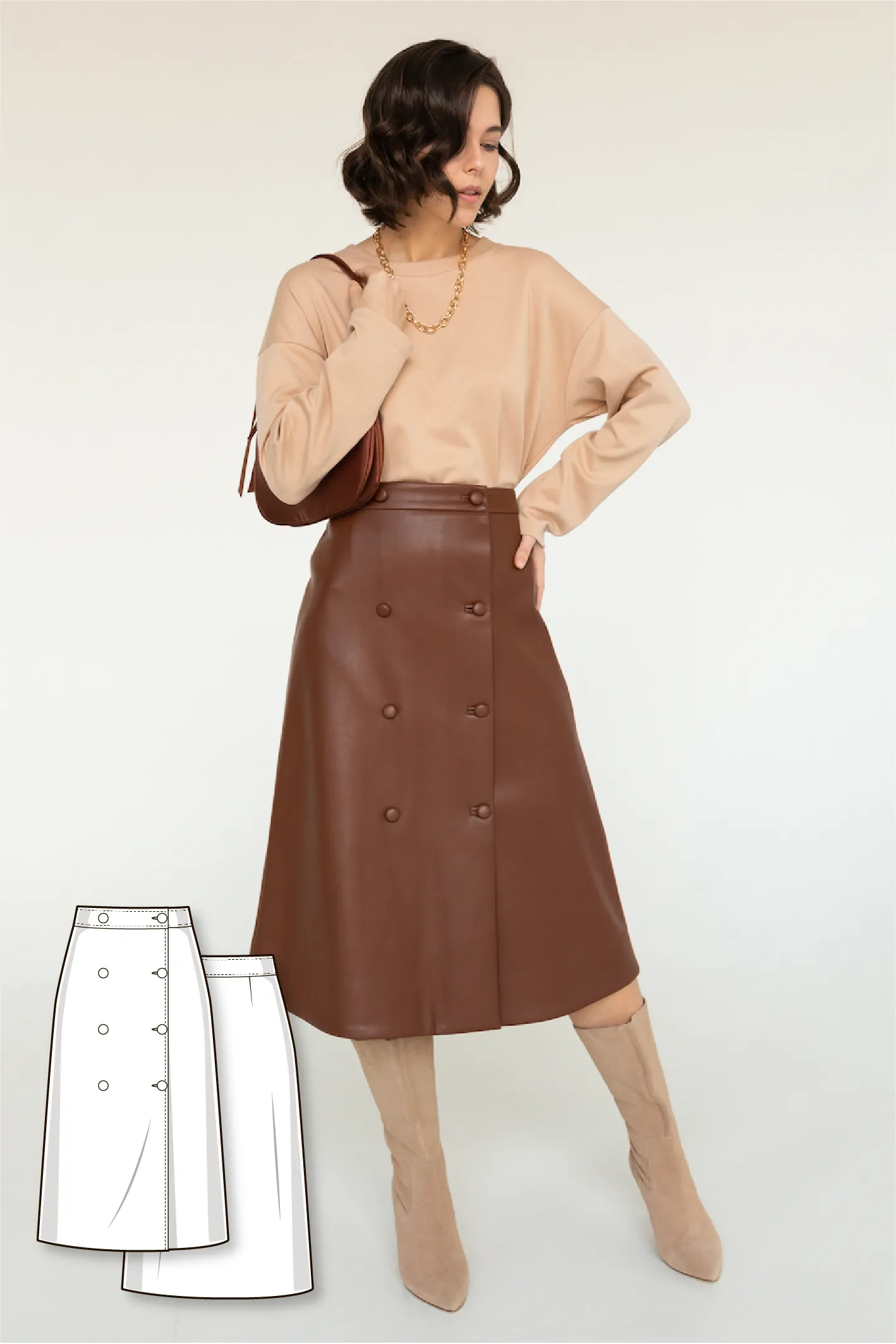 Capsule pattern: puff long sleeve blouse, A-line double breast skirt, drop shoulder sweatshirt