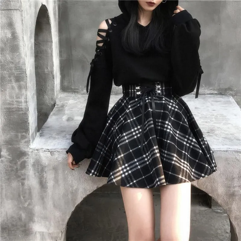 Cat Ears Lace Up Hoodie Skirt