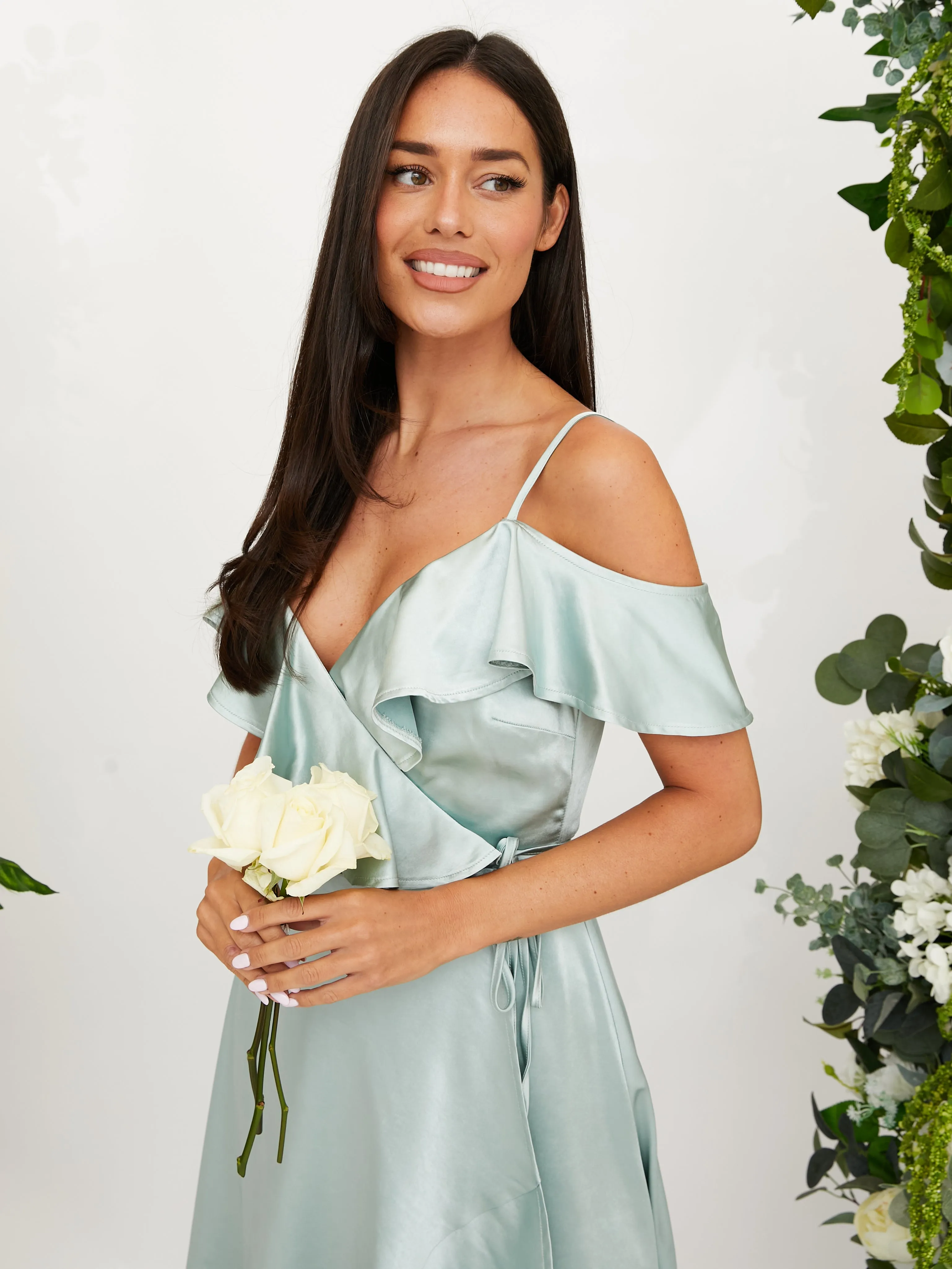 Cold Shoulder Midi Wrap Satin Dress / Sage