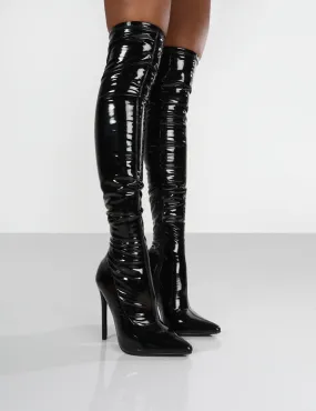 Confidence Black Patent Stiletto Heeled Over The Knee PU Boot