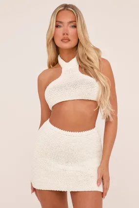 Cream Knit Halter Neck Crop Top & Mini Skirt Co-ord Set - Alma