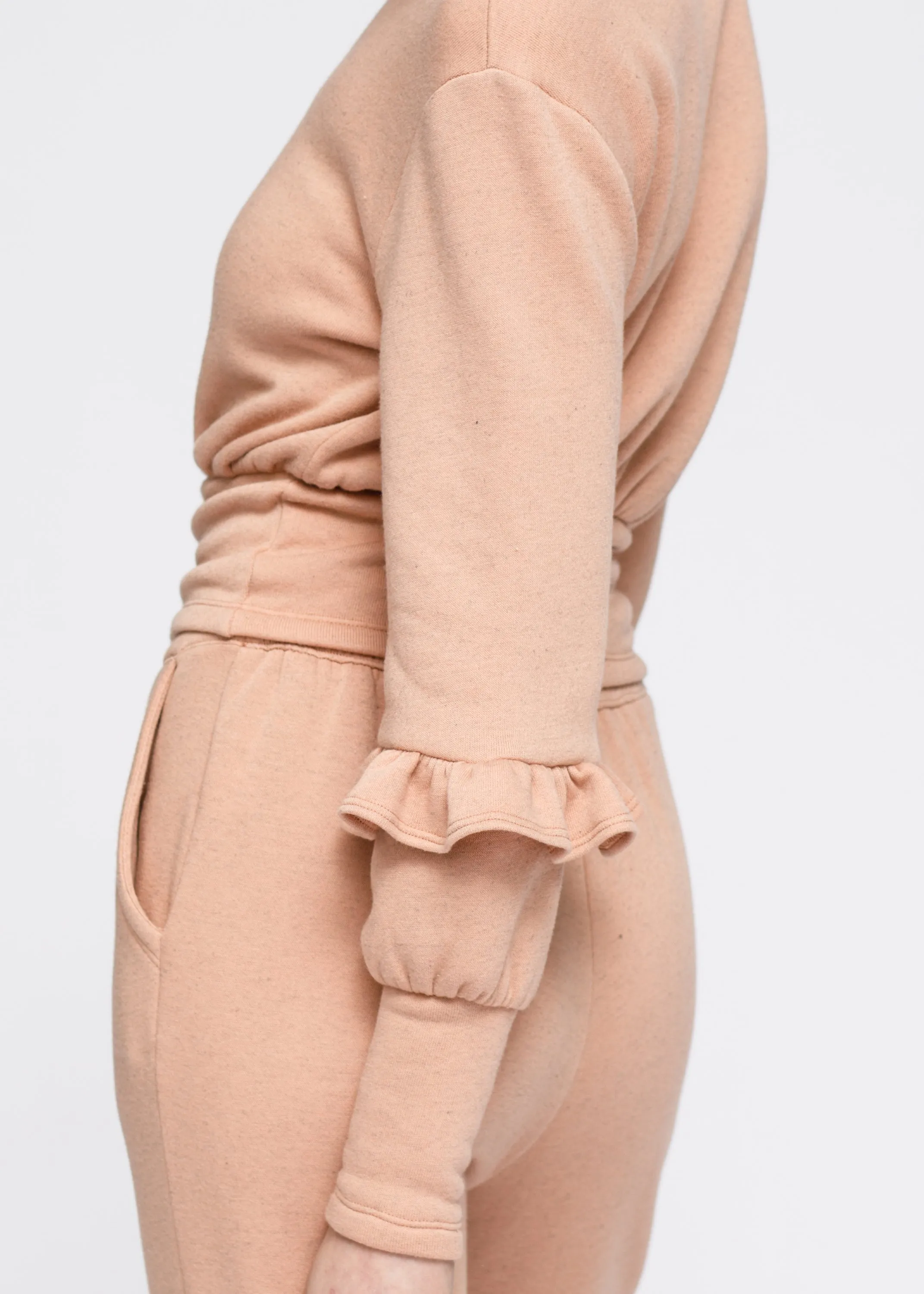 Crewneck Ruffle Sleeve Peplum Sweatshirt In Peach