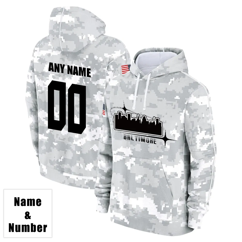 Custom Name & Number Hoodie Baltimore Ravens 2024 Salute to Celebrities Club Fleece Pullover Hoodie City Silhouette Hoodie Unisex