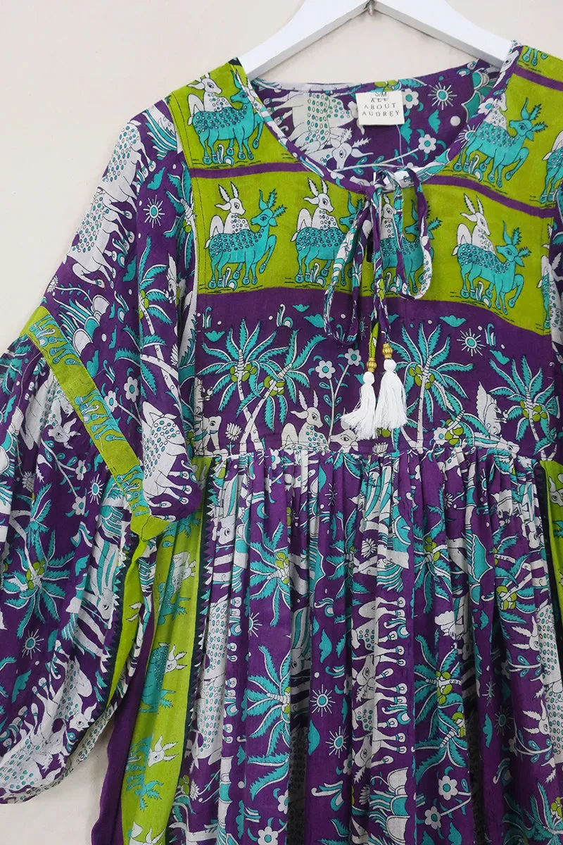 Daisy Maxi Smock Dress - Dewberry Purple Wildlife - Vintage Indian Cotton - Size S/M