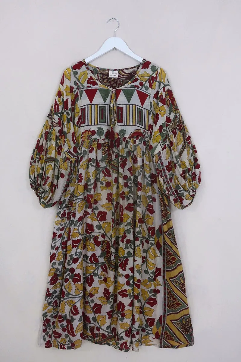 Daisy Maxi Smock Dress - Lily White & Lemon Yellow Birds - Vintage Indian Cotton - Size M/L