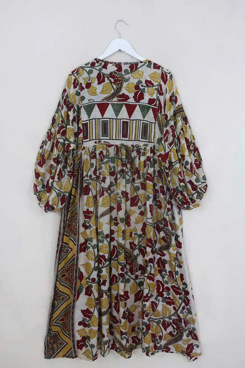 Daisy Maxi Smock Dress - Lily White & Lemon Yellow Birds - Vintage Indian Cotton - Size M/L