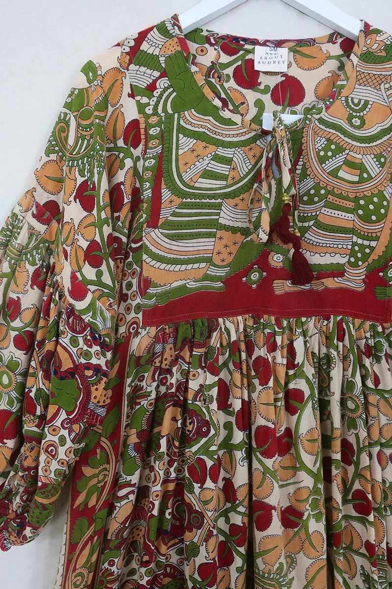 Daisy Maxi Smock Dress - Peach, Red & Palm Green Dancers - Vintage Indian Cotton - Size S/M