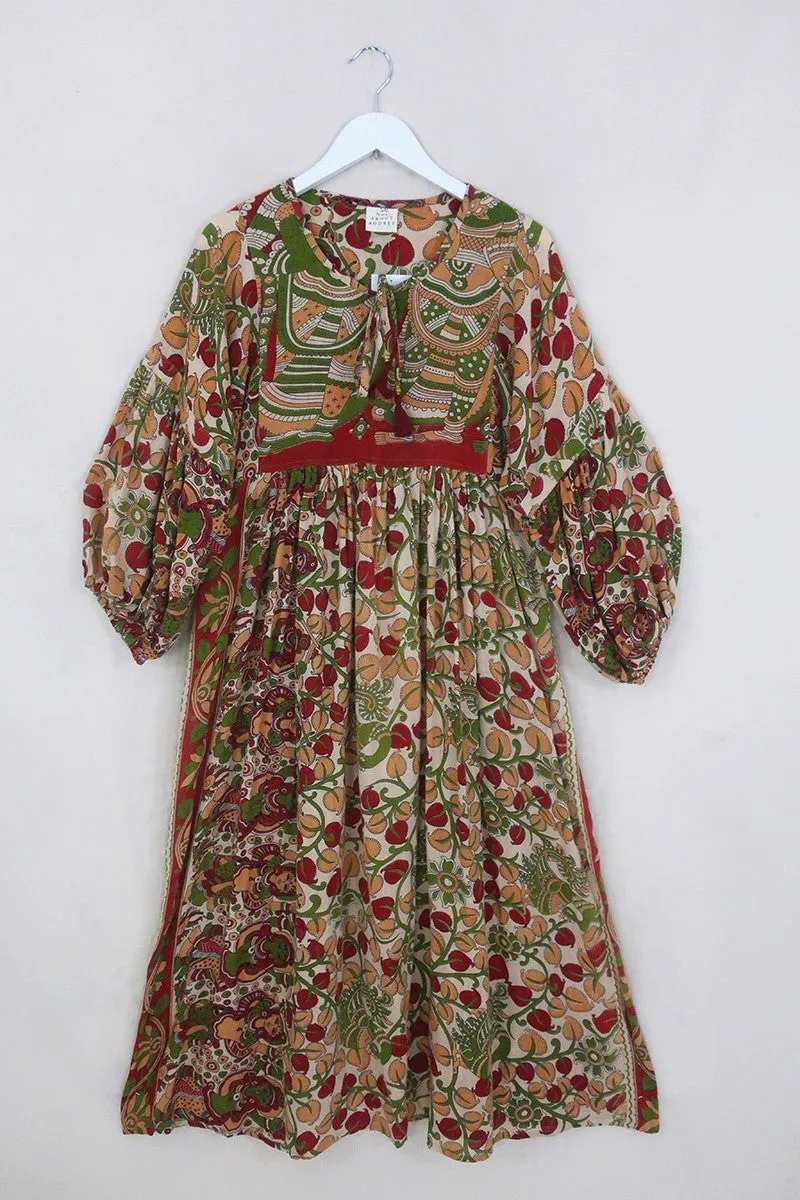 Daisy Maxi Smock Dress - Peach, Red & Palm Green Dancers - Vintage Indian Cotton - Size S/M