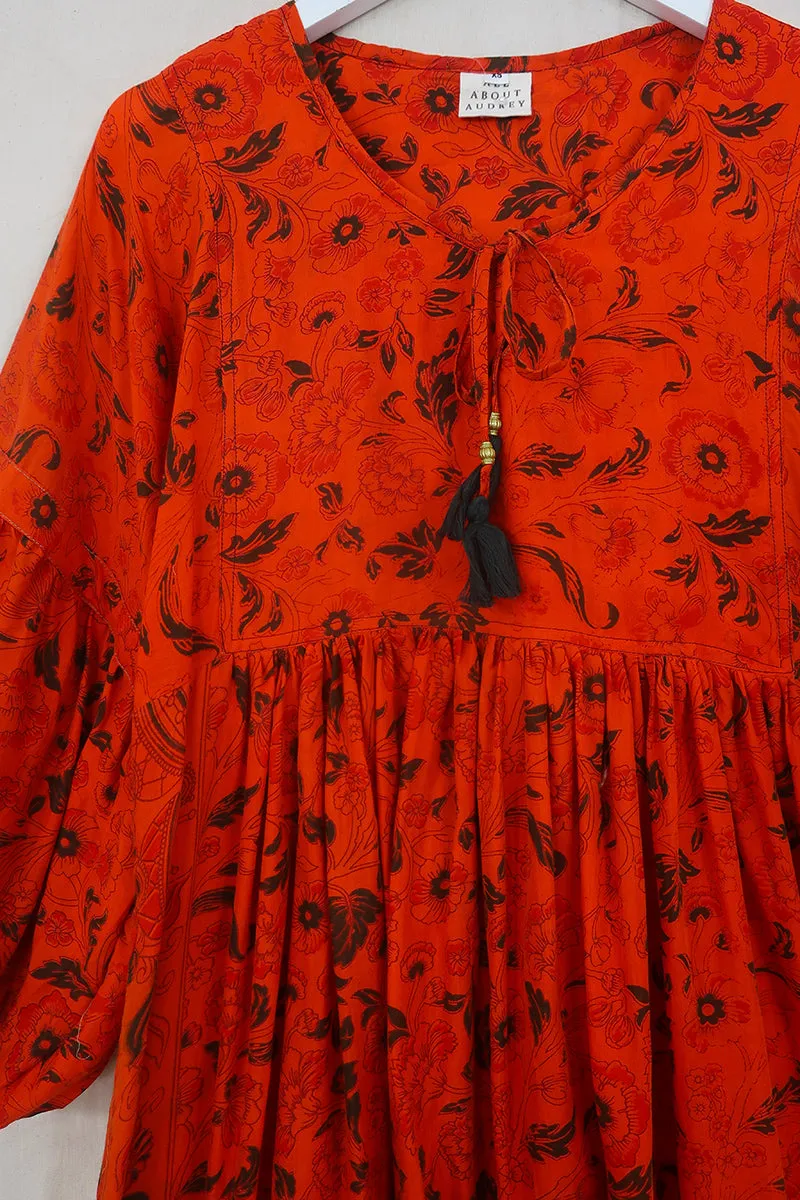 Daisy Midi Smock Dress - Marmalade & Jade Marigold Block Print - Vintage Indian Cotton - Size XS