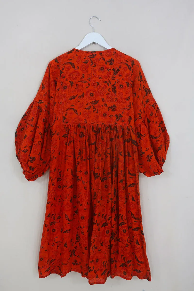 Daisy Midi Smock Dress - Marmalade & Jade Marigold Block Print - Vintage Indian Cotton - Size XS