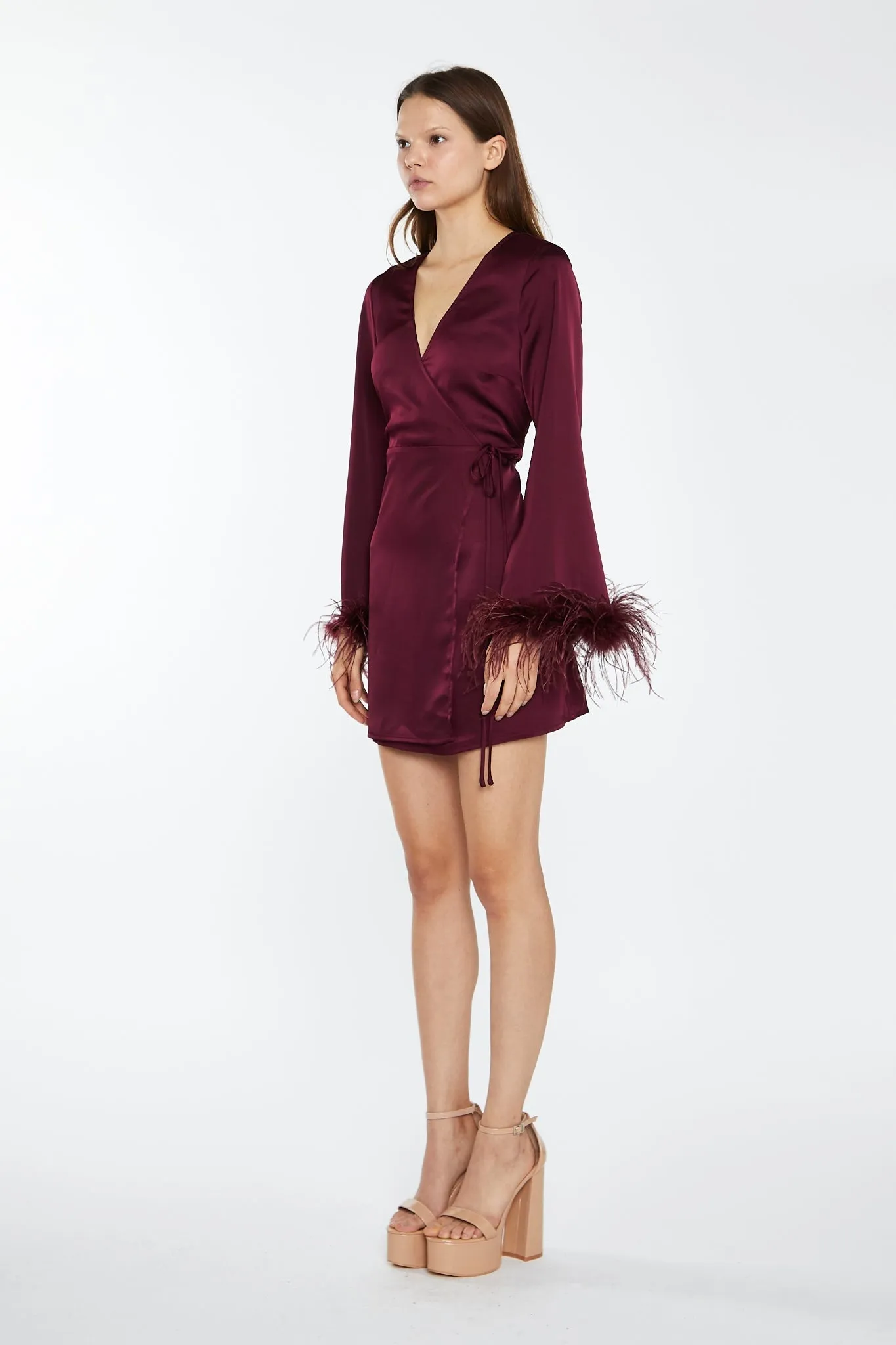 Deep-Burgundy Satin Feather Trim Wrap Mini-Dress