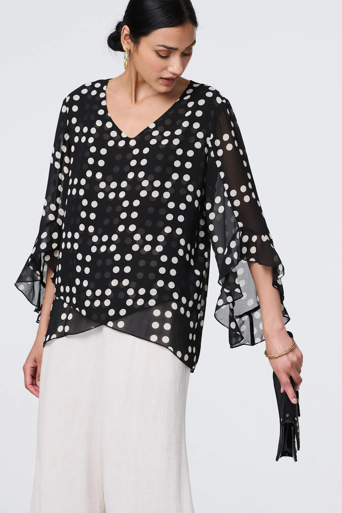 Dot Print Semi Sheer Flare Sleeve Blouse