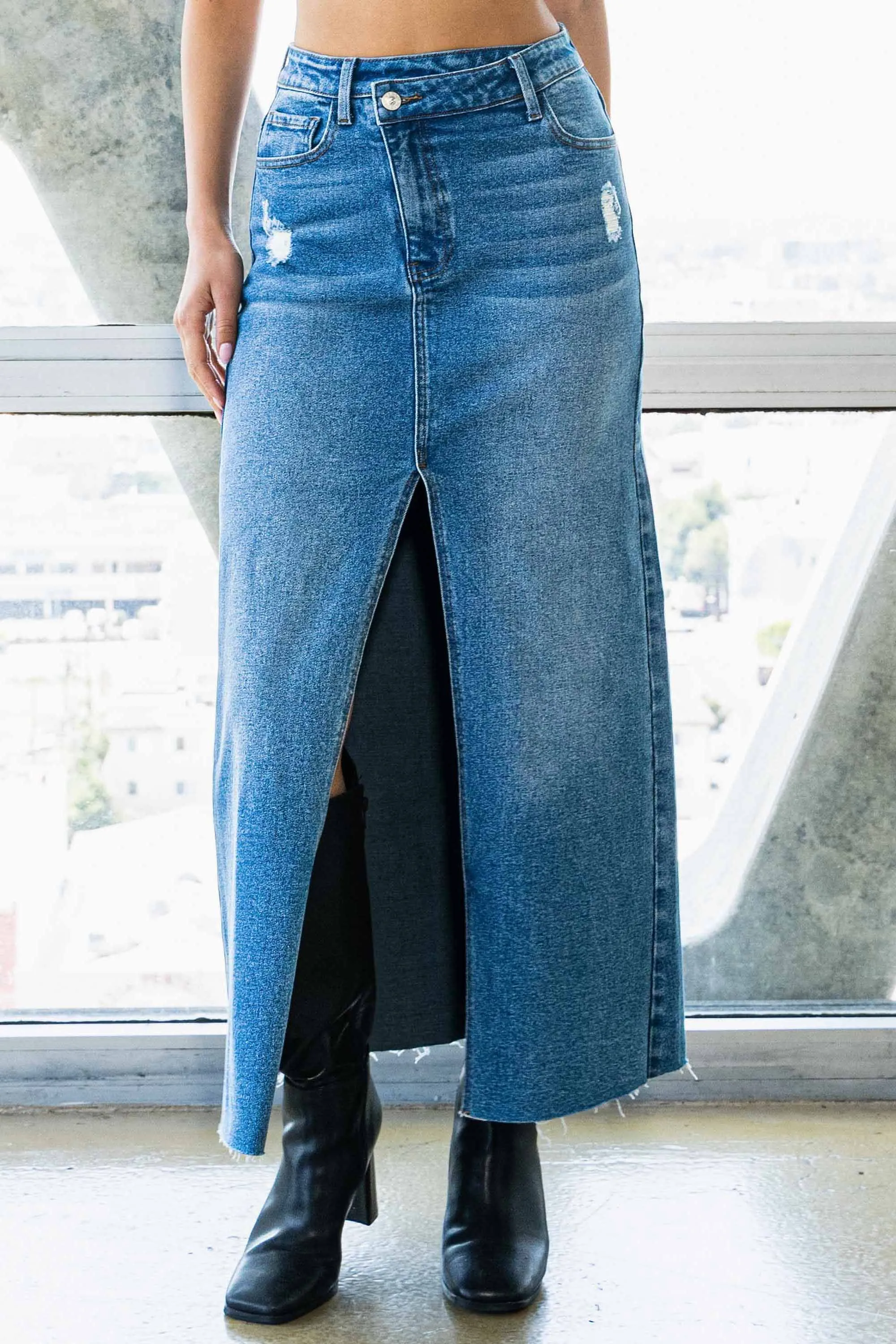 Essential Denim Crossed Waist Column Skirt