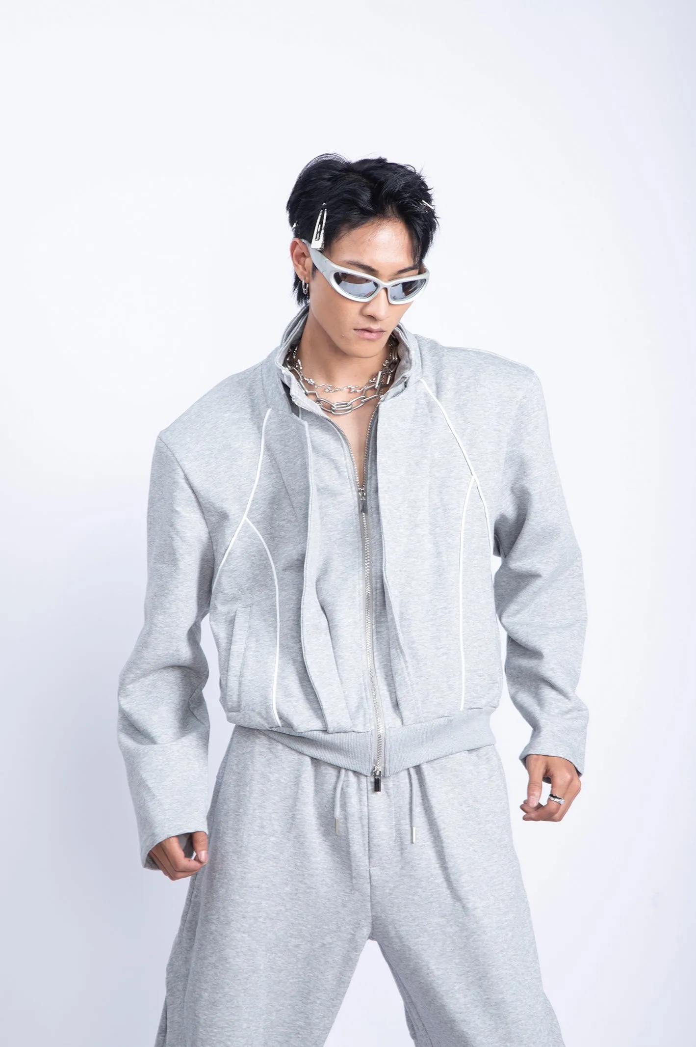 Fake Layered Patchwork Zipper Jacket & Sweatpants Setup WN9231