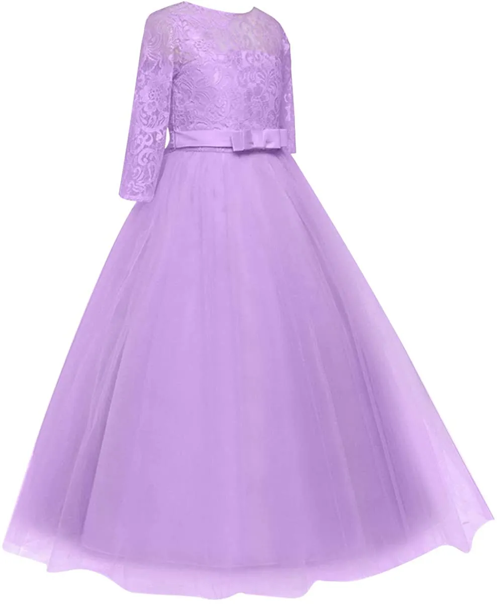 FancyDressWale Flower Floral Lace 3/4 Sleeves Floor Length Dress Wedding Party Evening Formal Pegeant Gown- Lavender