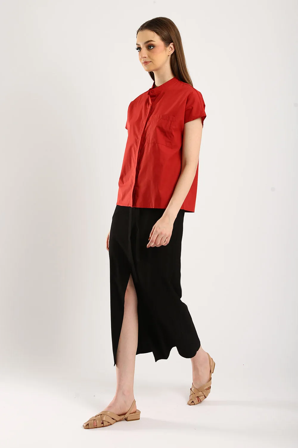 Ferrey Mandarin Collar Top in Red