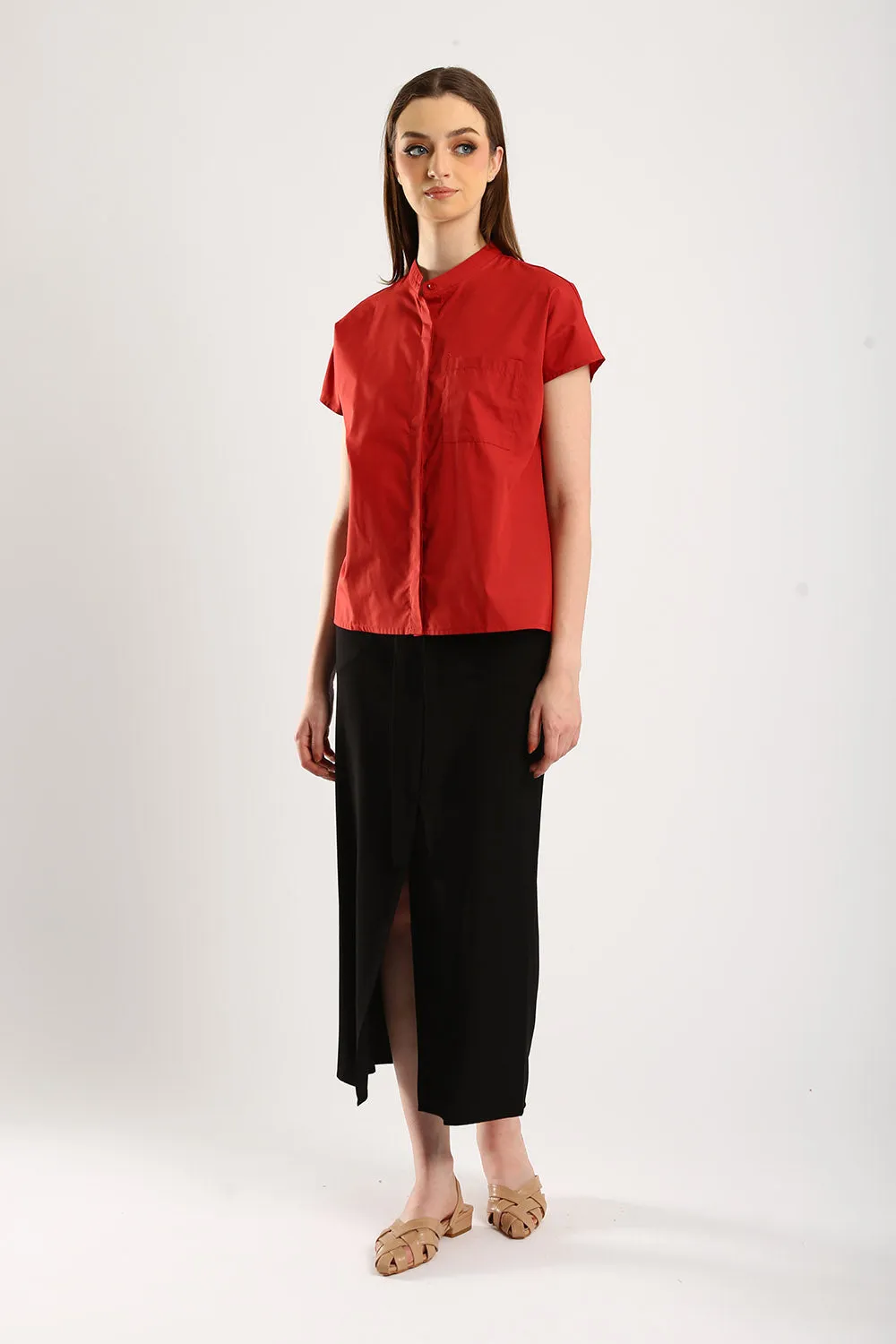 Ferrey Mandarin Collar Top in Red