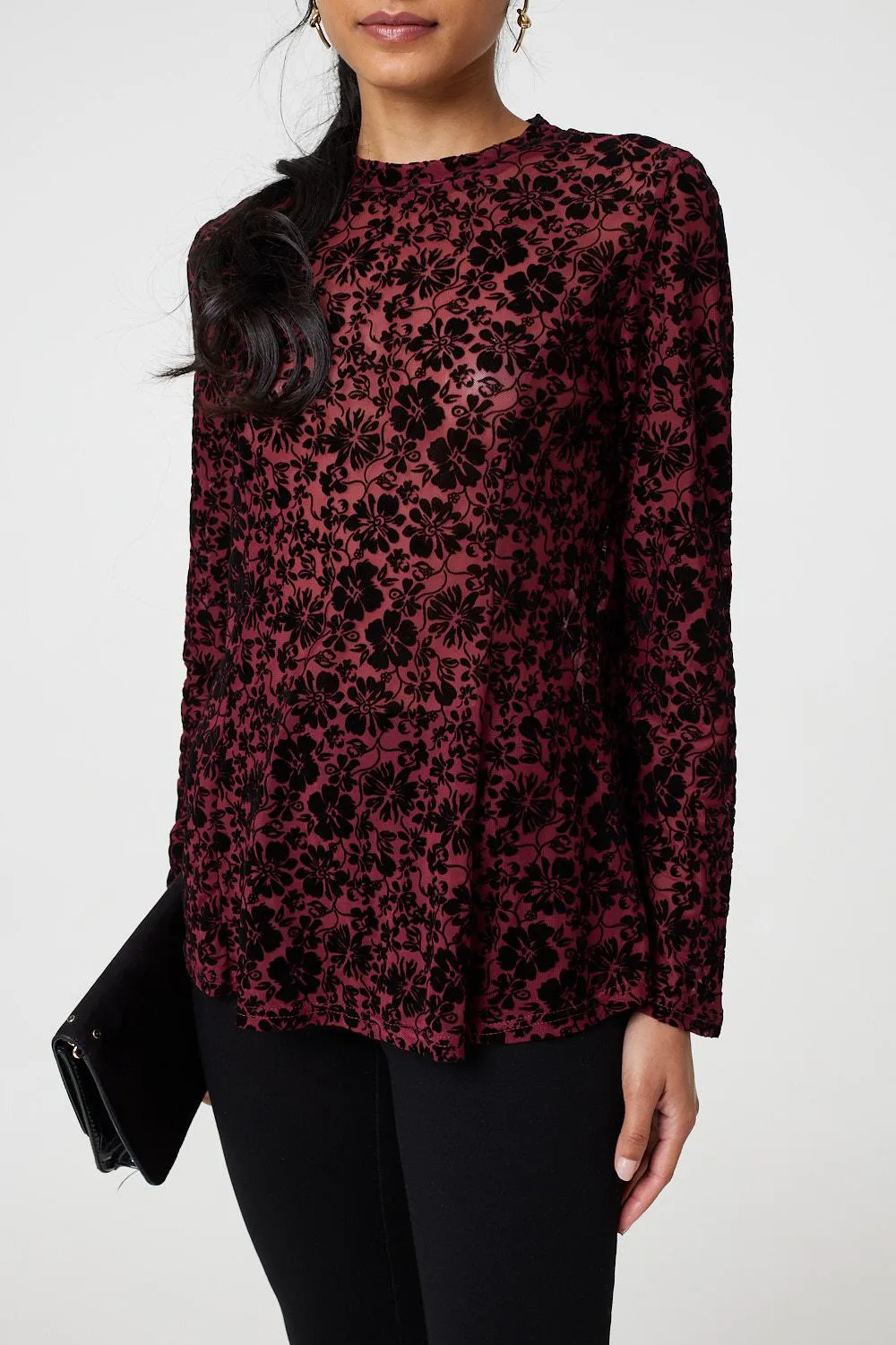 Floral Mesh Layered Long Sleeve Peplum Top