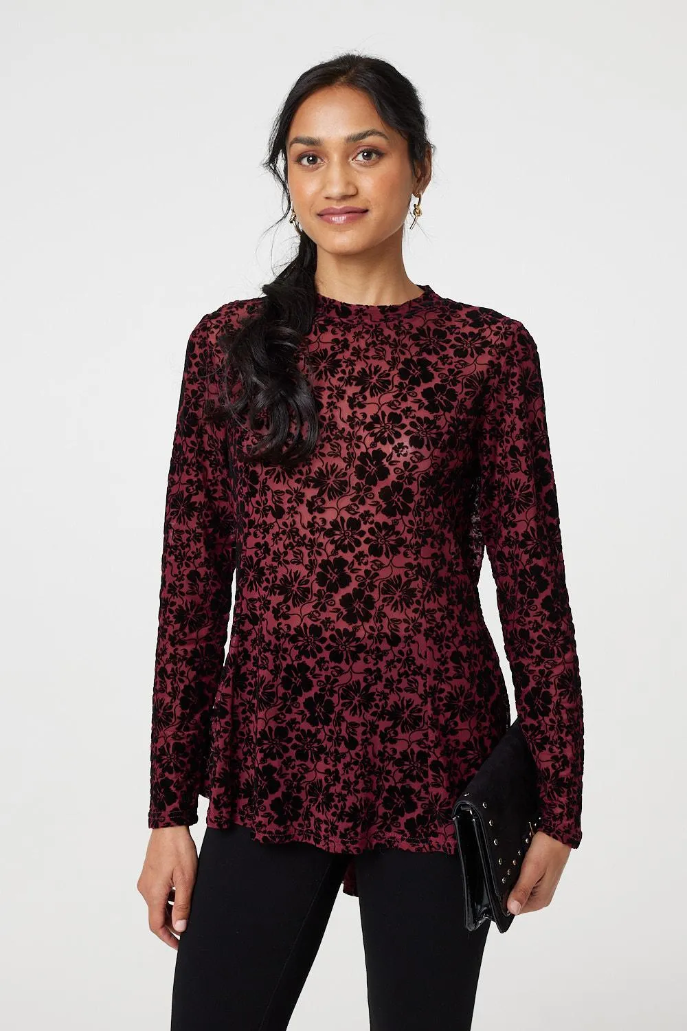 Floral Mesh Layered Long Sleeve Peplum Top