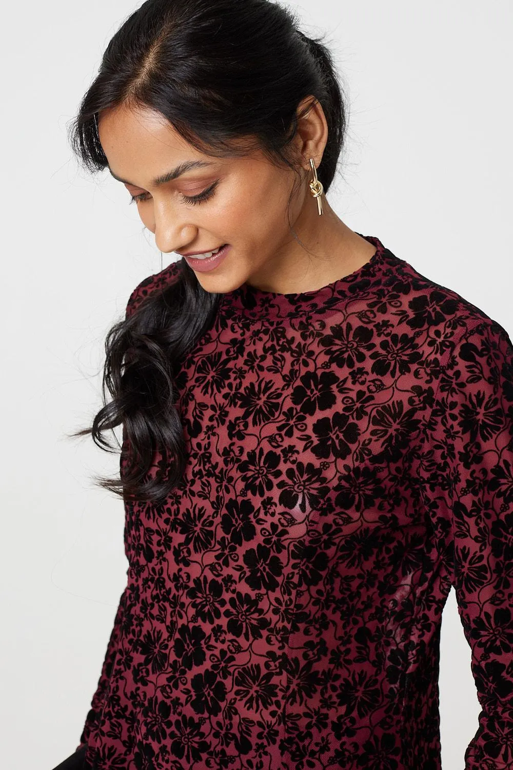 Floral Mesh Layered Long Sleeve Peplum Top