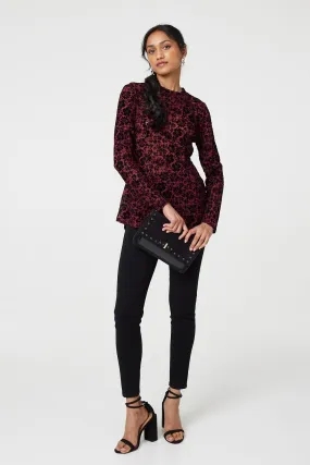 Floral Mesh Layered Long Sleeve Peplum Top