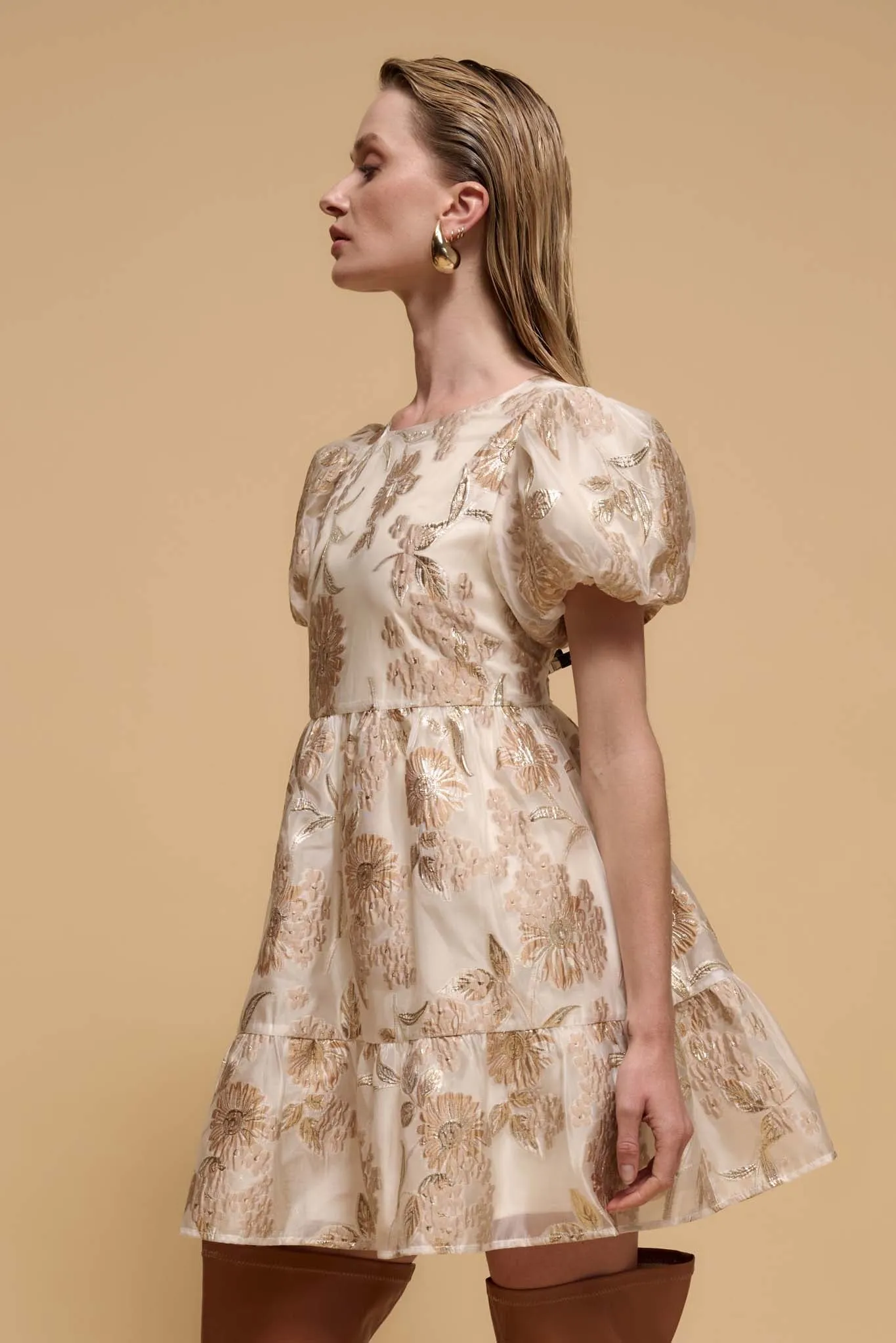 Golden Grove Metallic Floral Brocade Mini Dress