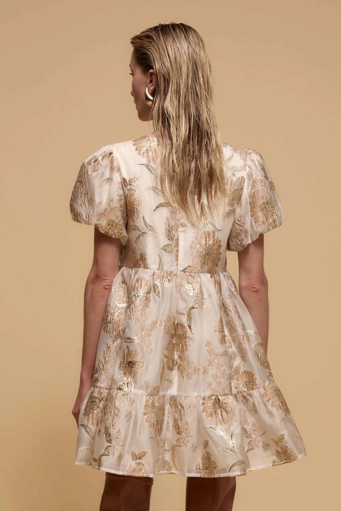 Golden Grove Metallic Floral Brocade Mini Dress