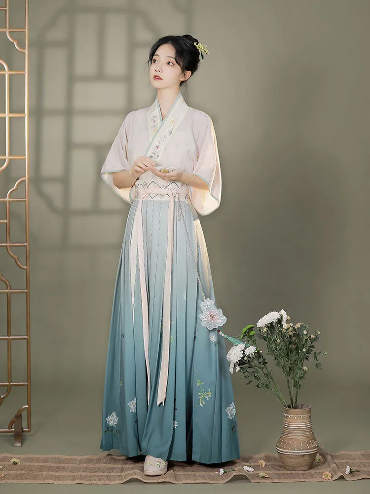 Graceful Vintage Ombre Blue Embroidered Flower Modern Hanfu Skirt Inspired by the Song Dynasty