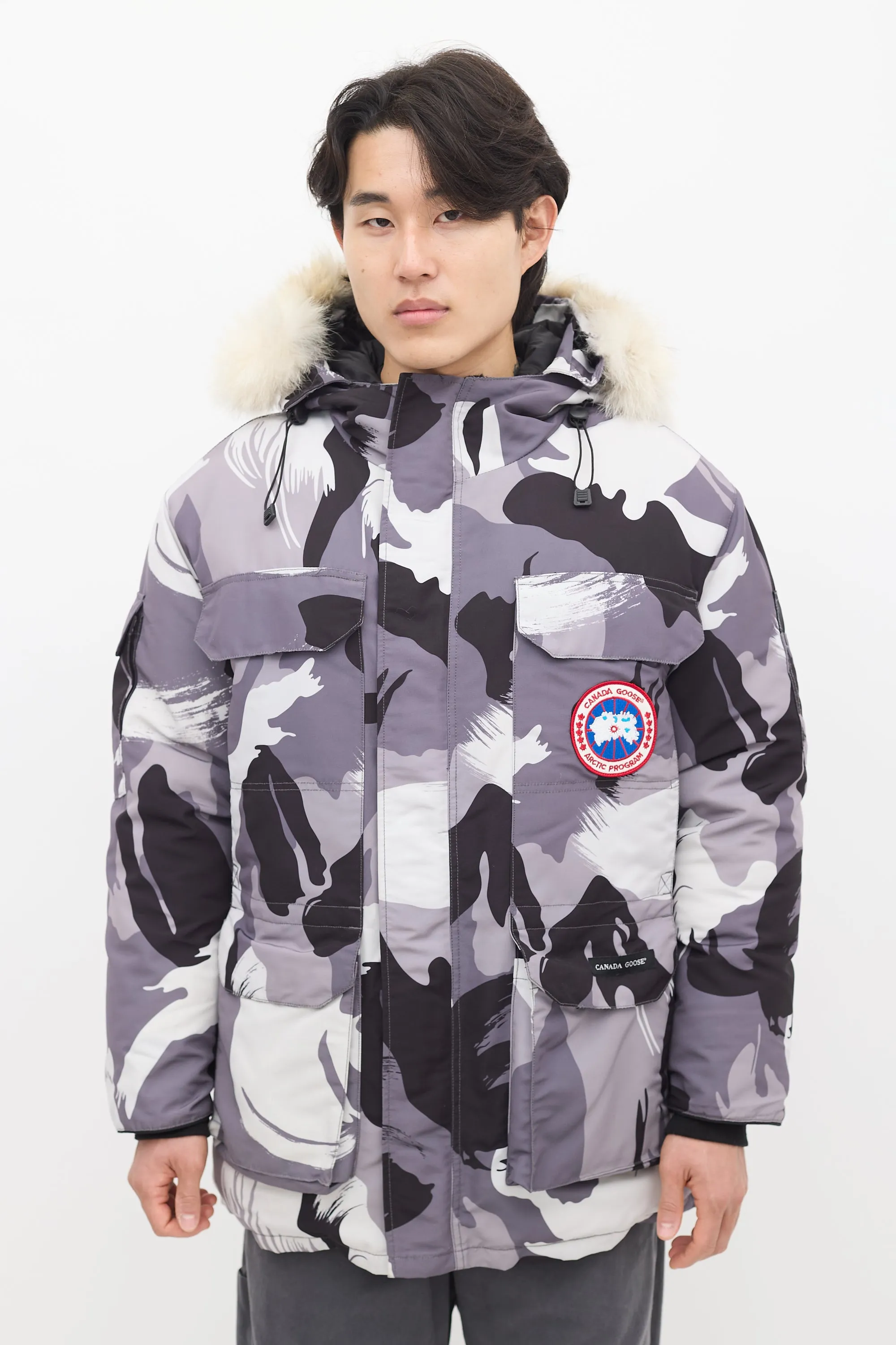 Grey Down & Fur Trim Camo Expedition Jacket