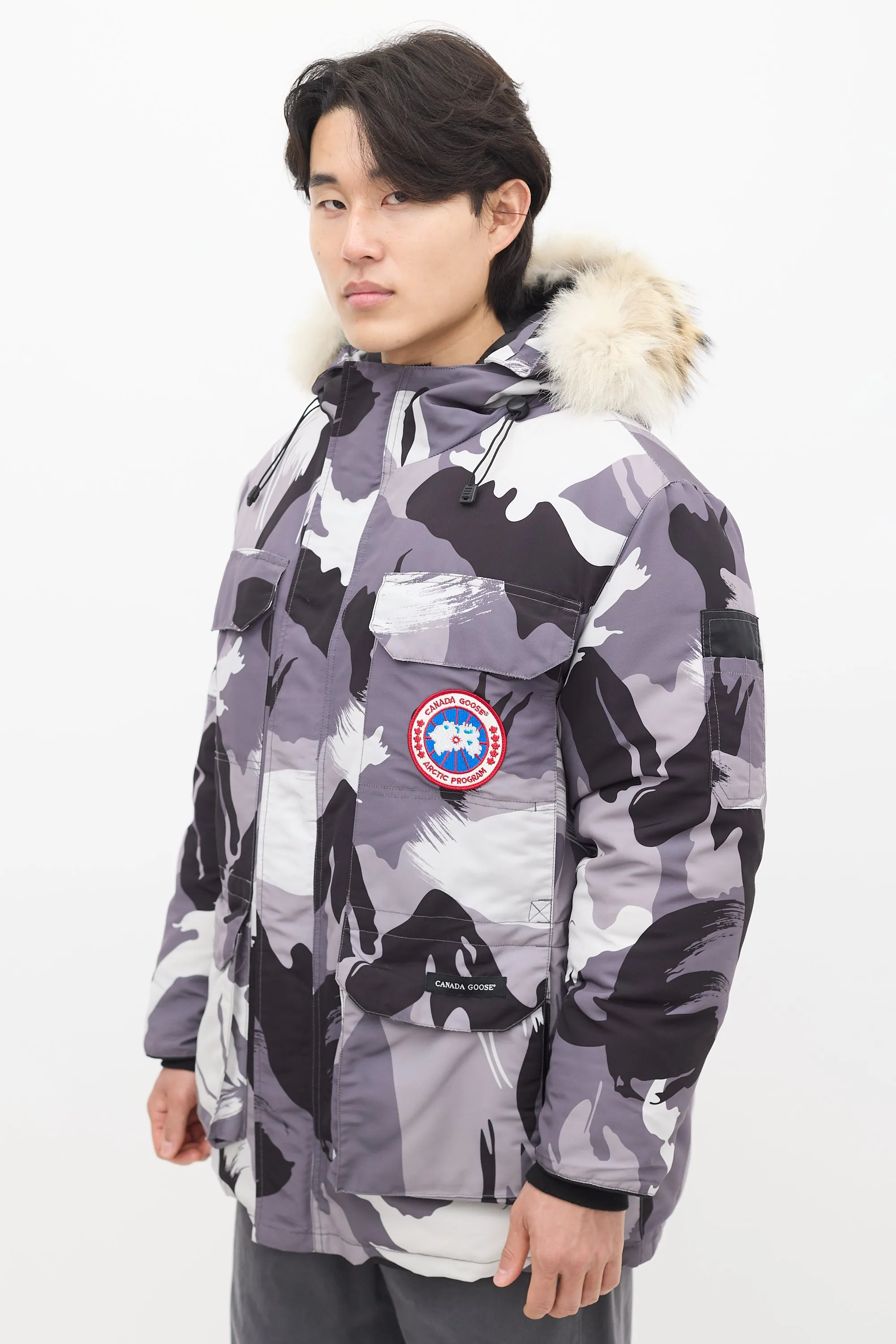 Grey Down & Fur Trim Camo Expedition Jacket