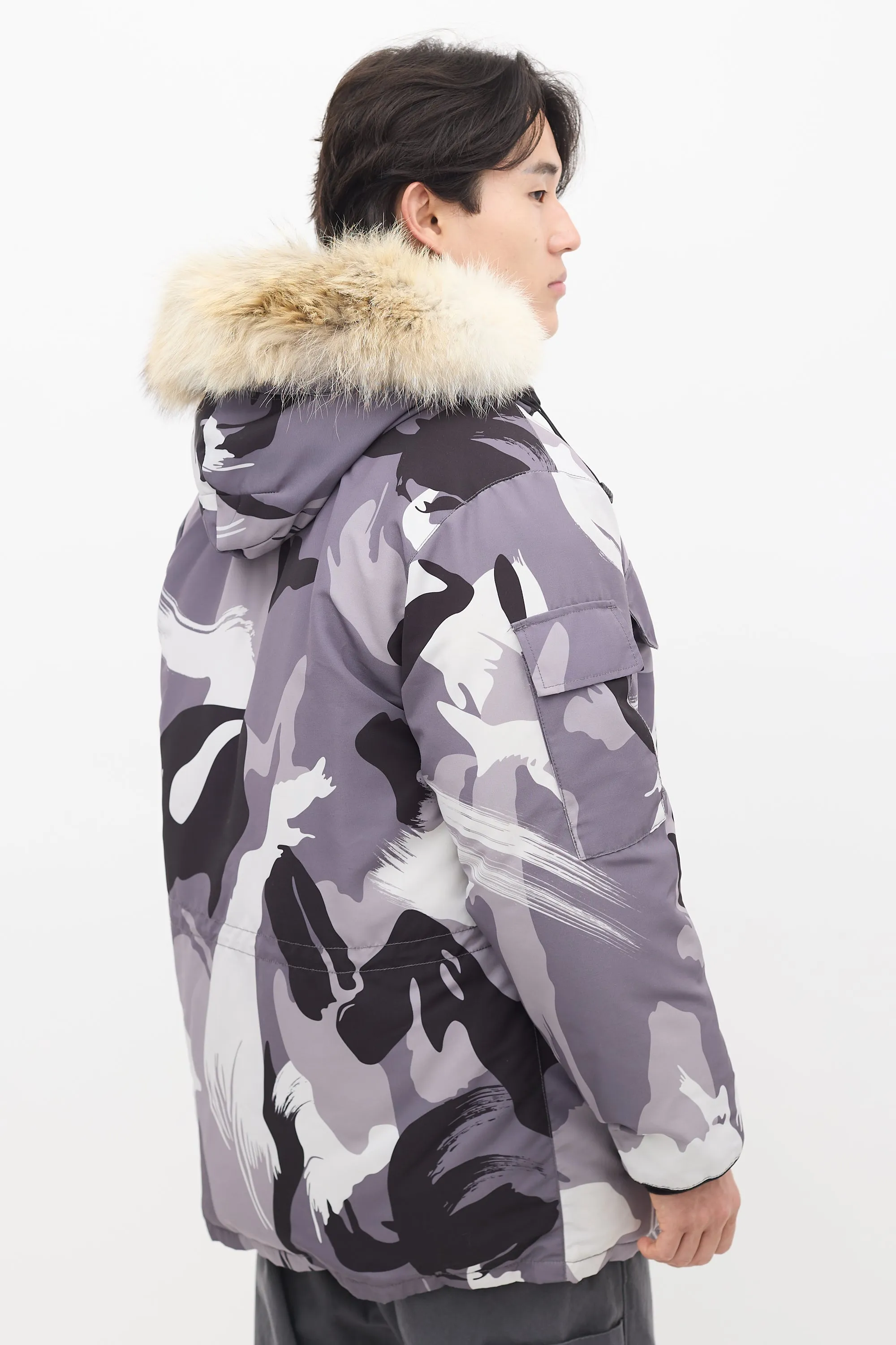 Grey Down & Fur Trim Camo Expedition Jacket