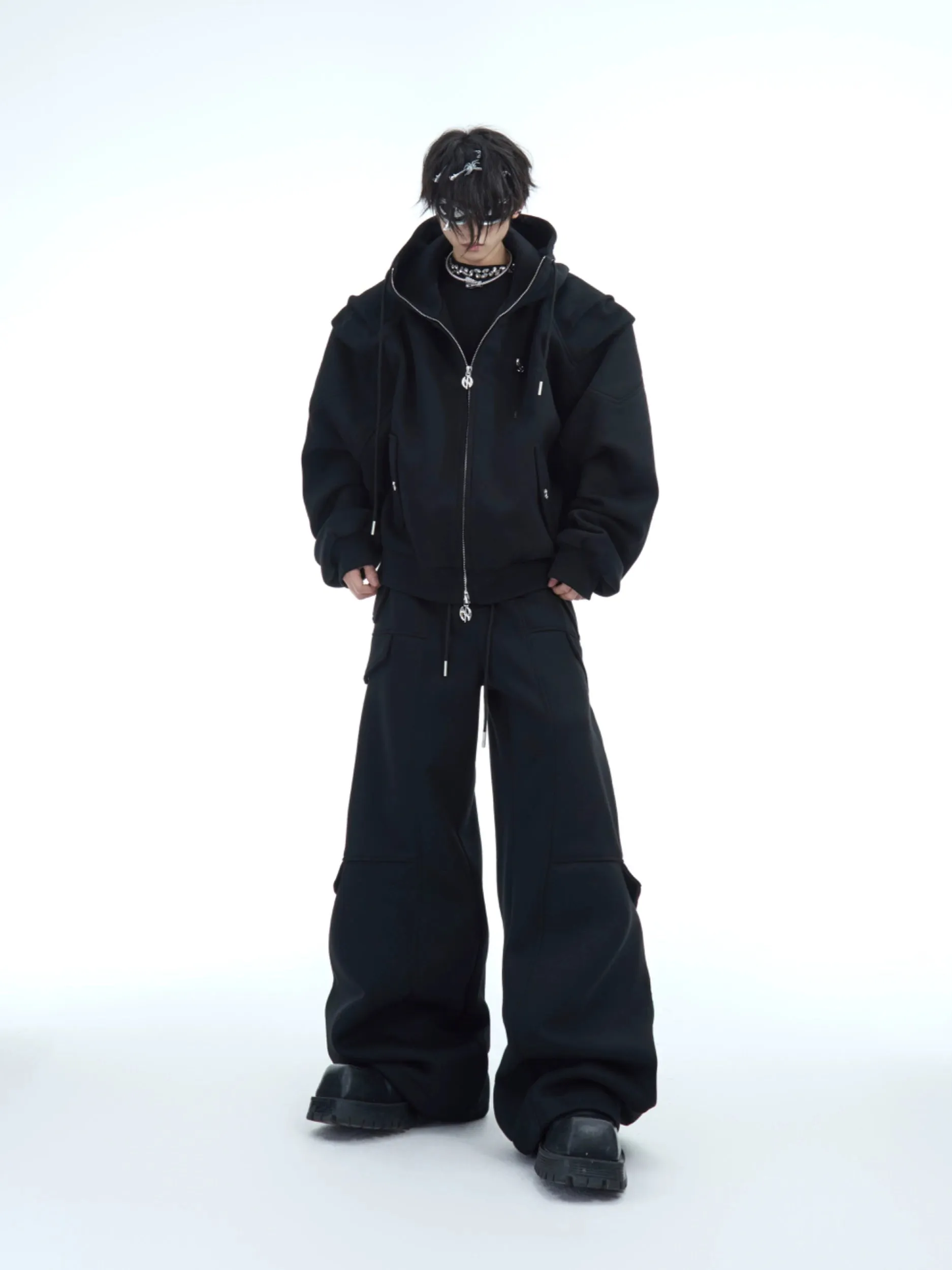 Heavyweight Short Zipper Hoodie & Wide-leg Cargo Sweatpants Setup WN10885-K