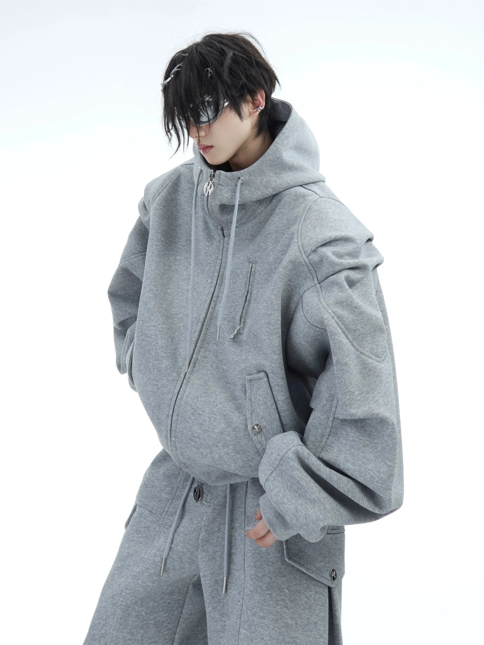 Heavyweight Short Zipper Hoodie & Wide-leg Cargo Sweatpants Setup WN10885-K