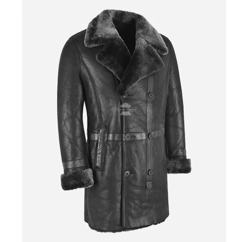 Heritage Elegance Men's 3/4 Length Double Breasted Sheepskin Coat Black