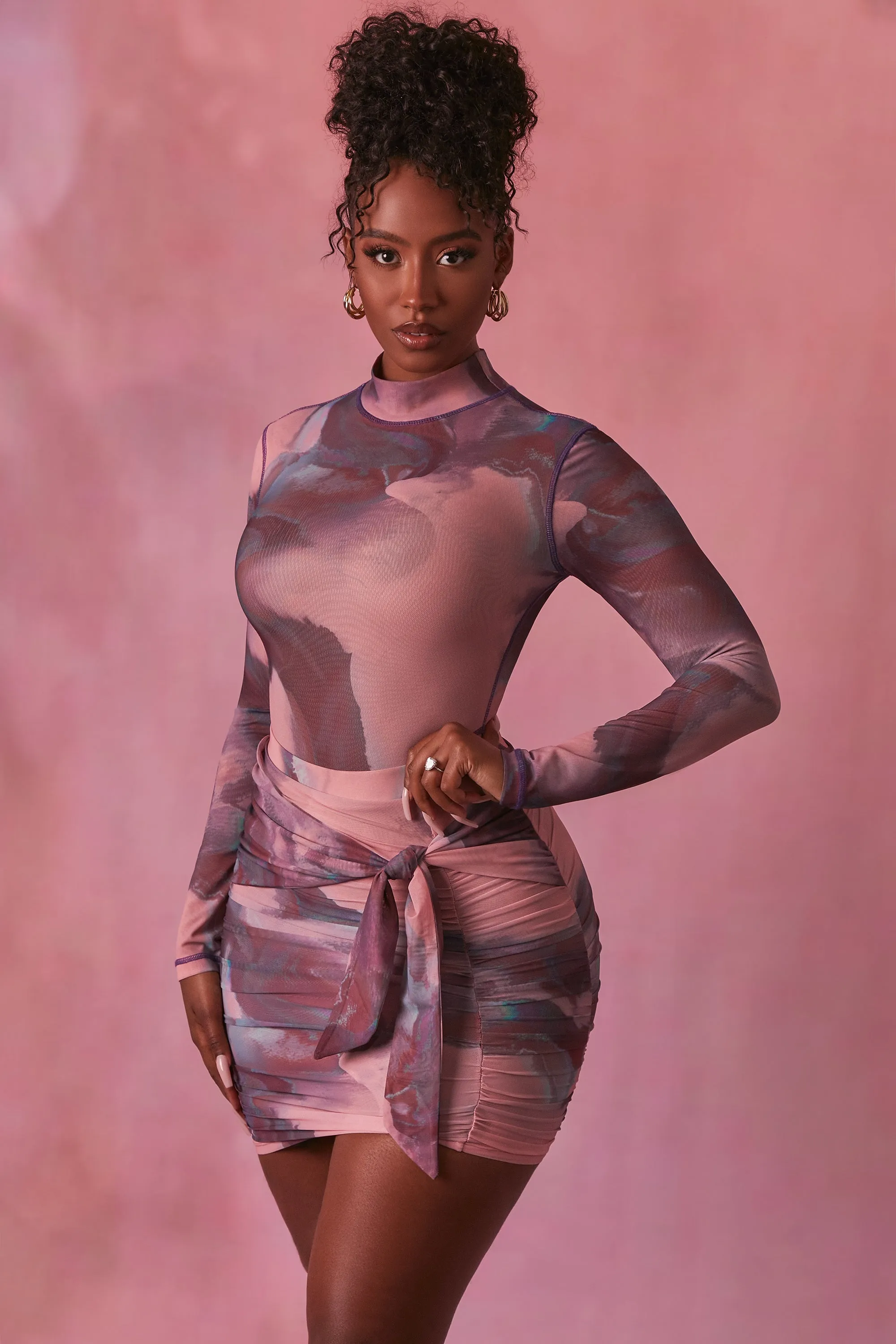 High Neck Long Sleeve Mesh Bodysuit in Blush