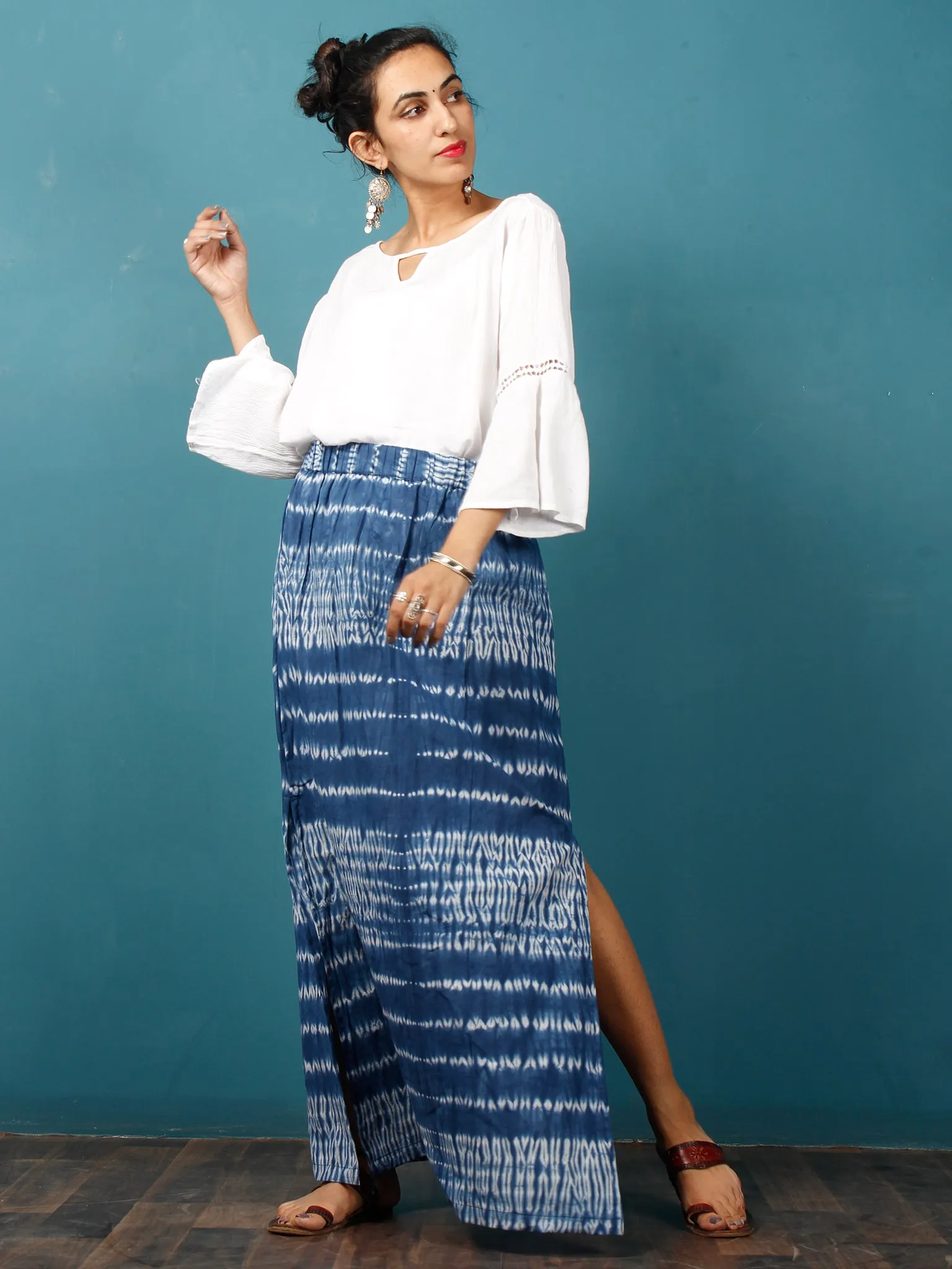 Indigo White Shibori Hand Block Printed Straight Skirt With Side Slits - S40F293