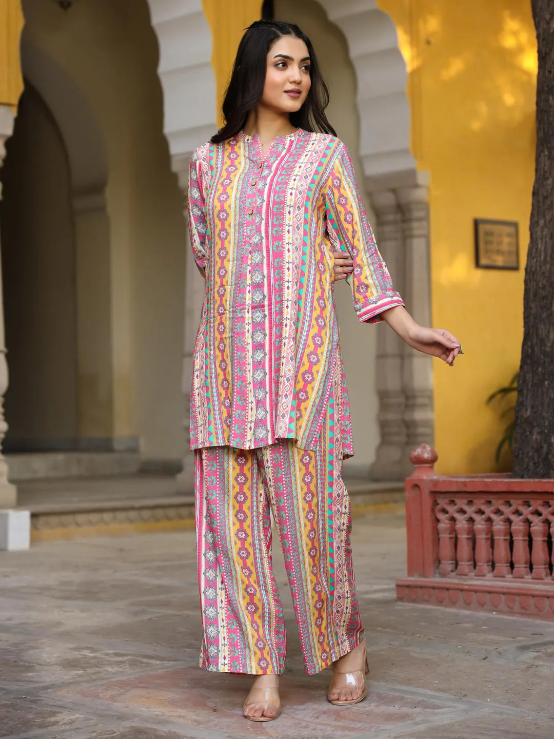 Juniper Multi-Color Ethnic Motif Printed Rayon Kurta With Palazzos Set