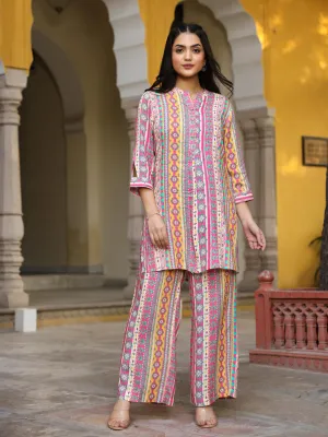 Juniper Multi-Color Ethnic Motif Printed Rayon Kurta With Palazzos Set