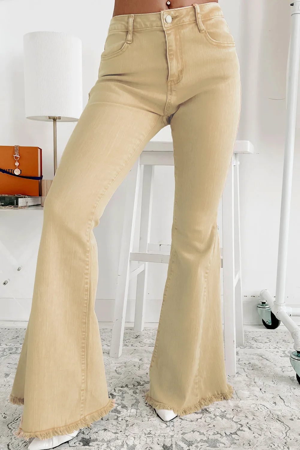 Khaki Raw Edge Mid Waist Flared Jeans