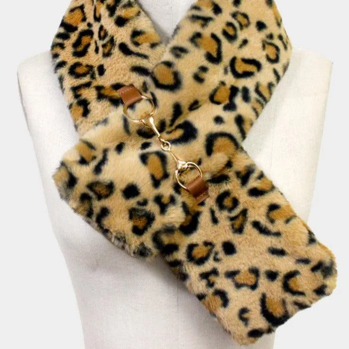 Leopard Patterned Faux Fur Leather Pull Through Scarf