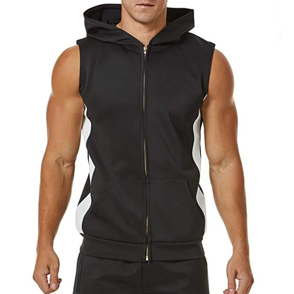 Men Zipper Splicing Sports Hooded Vest bodybuilding golds gym clothing musculation singlet fitness clothing