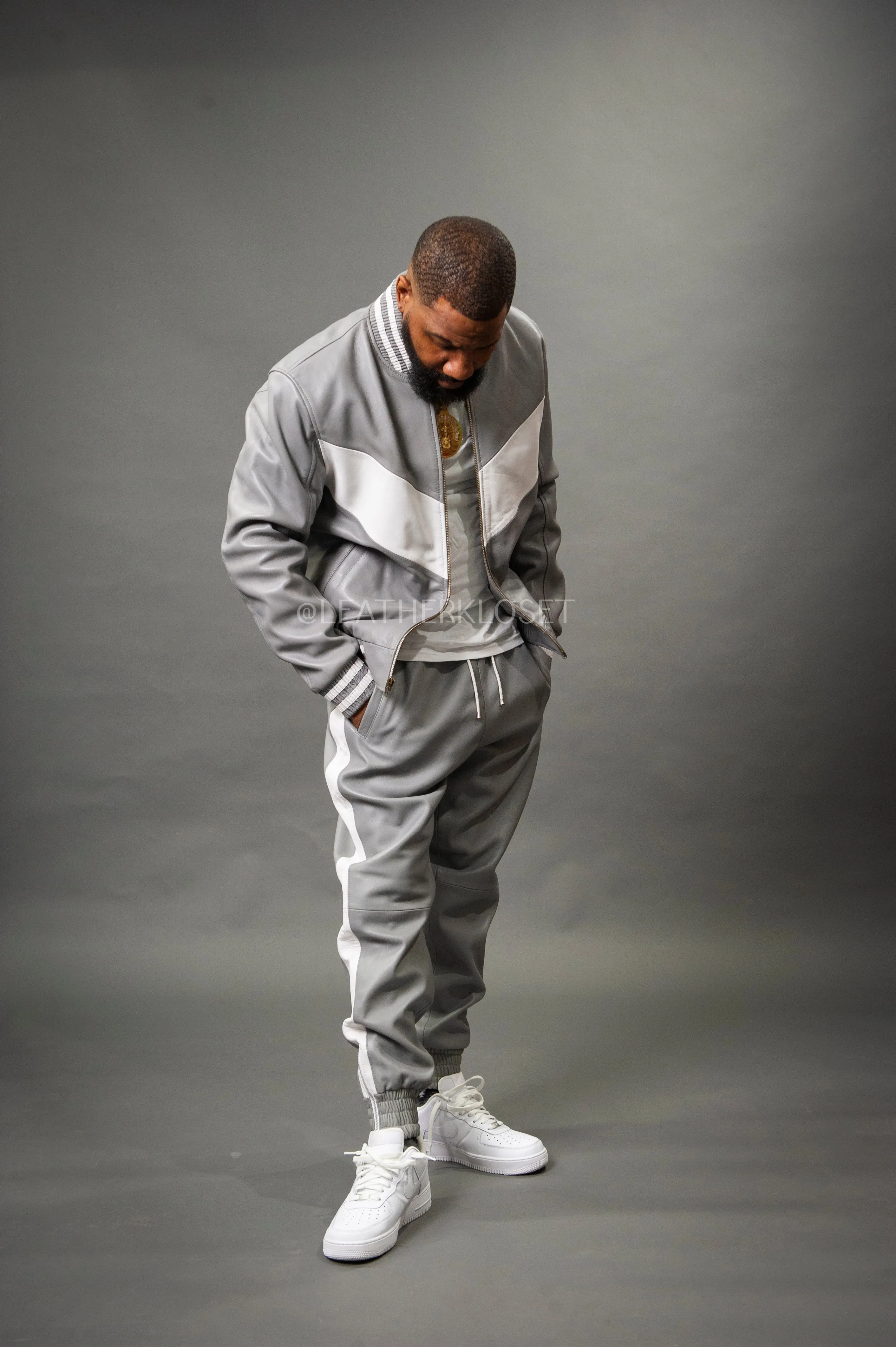 Men's V-Baseball Leather Track Suit Sweatsuit [Grey/White]