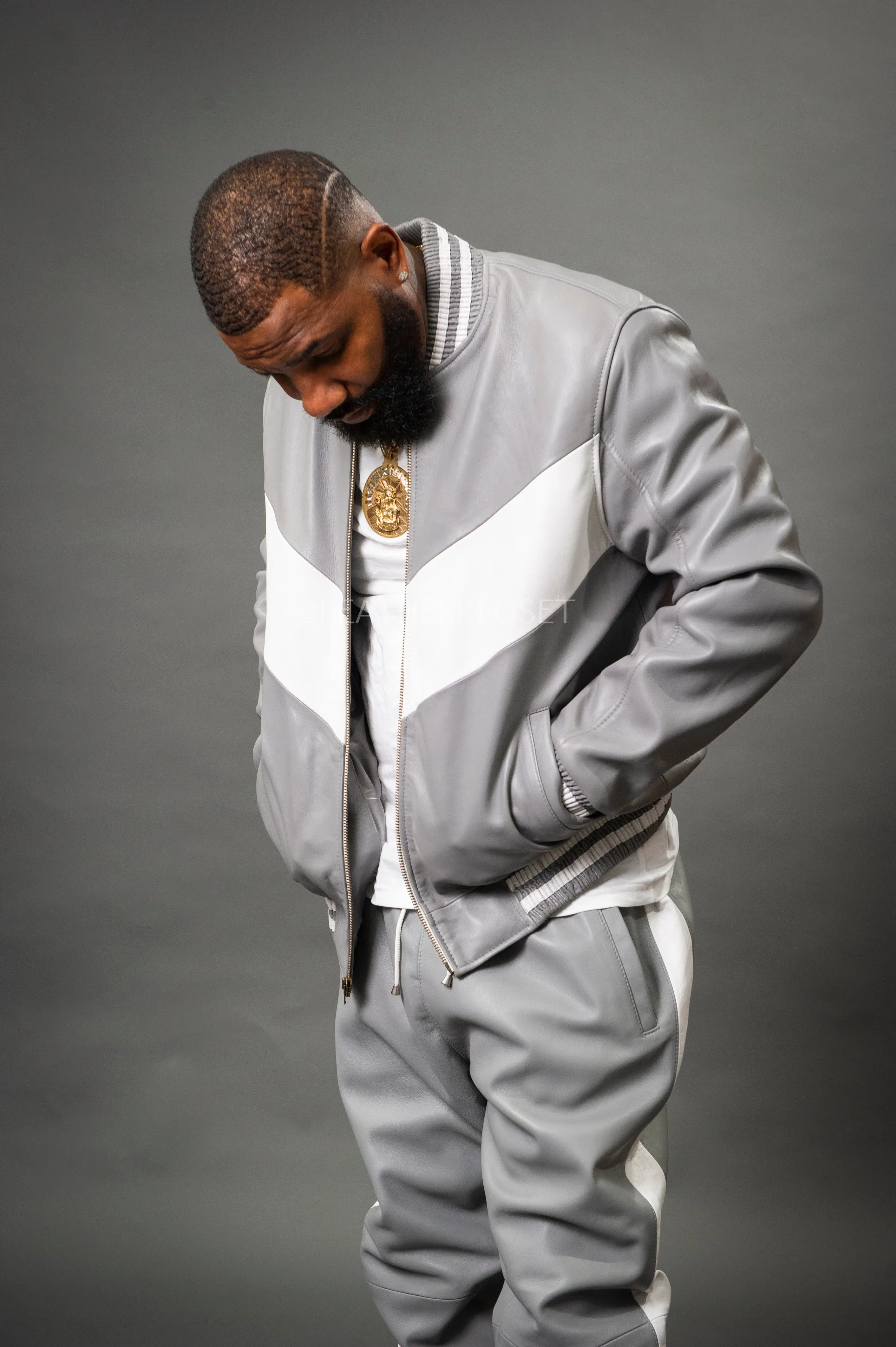 Men's V-Baseball Leather Track Suit Sweatsuit [Grey/White]