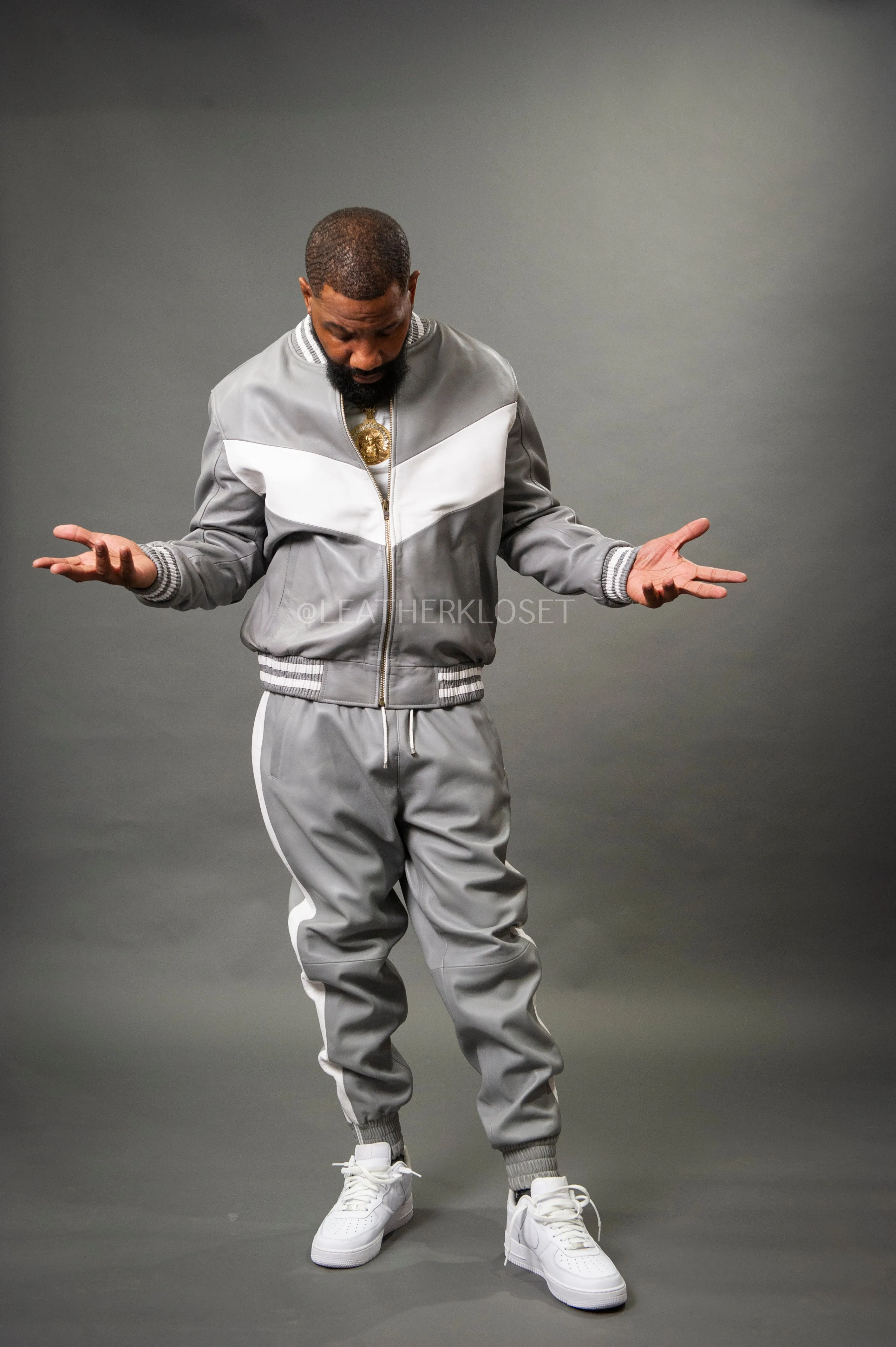 Men's V-Baseball Leather Track Suit Sweatsuit [Grey/White]