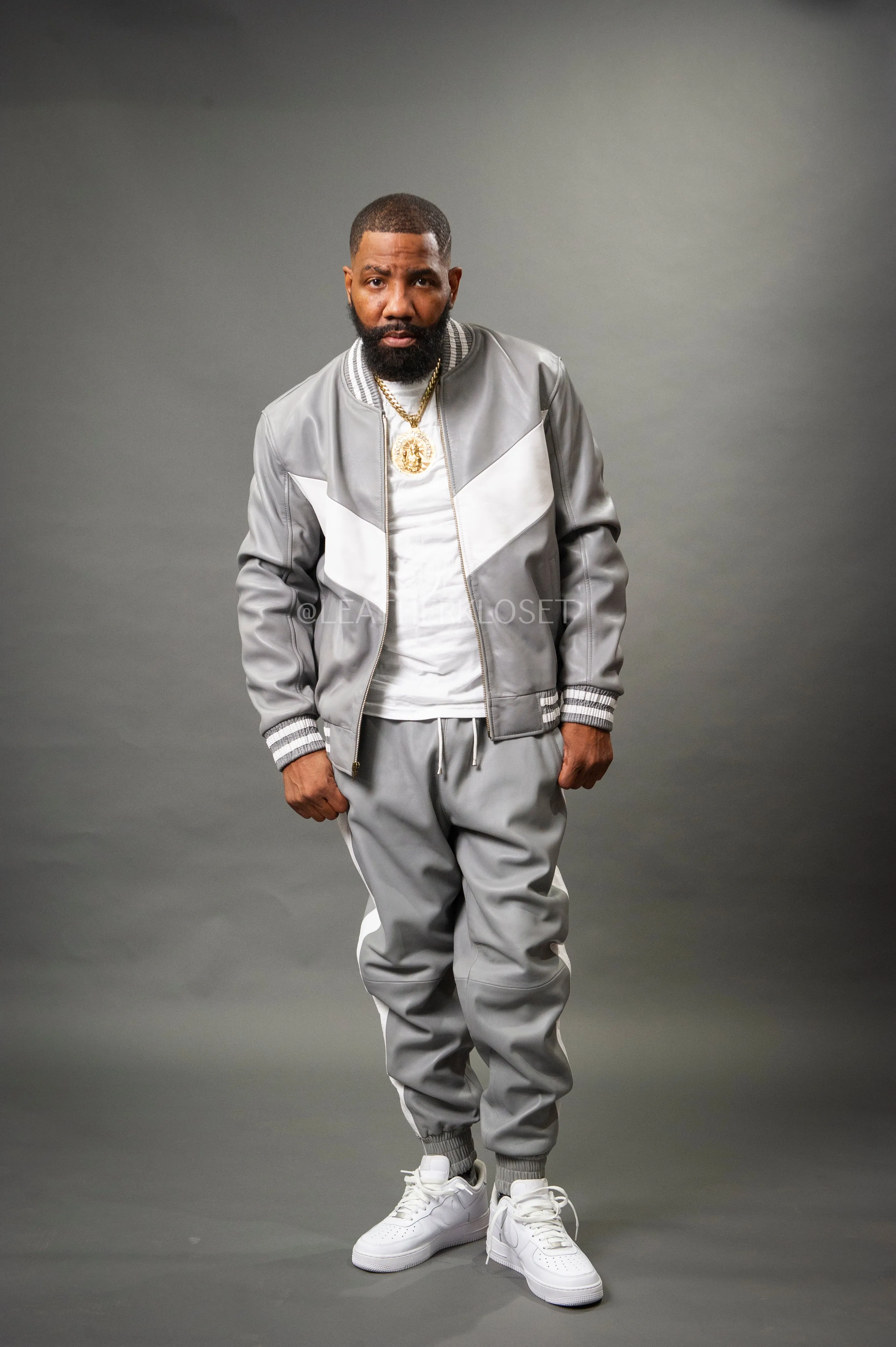 Men's V-Baseball Leather Track Suit Sweatsuit [Grey/White]