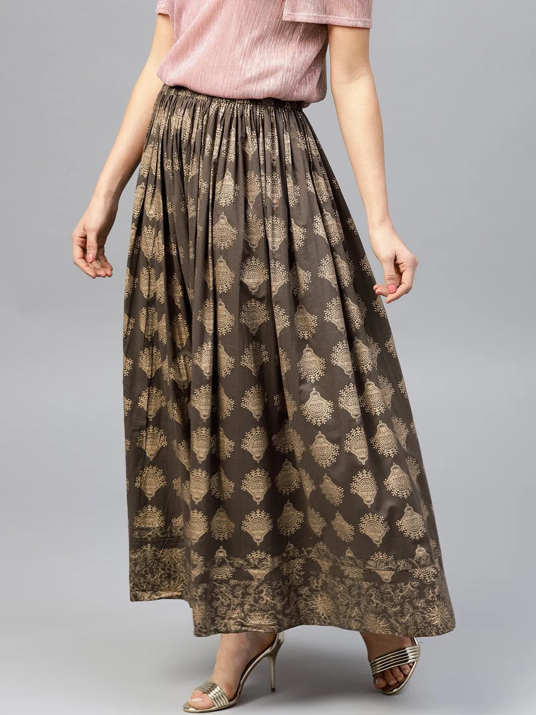 Mud Brown Printed Flared Ankle Length Skirt